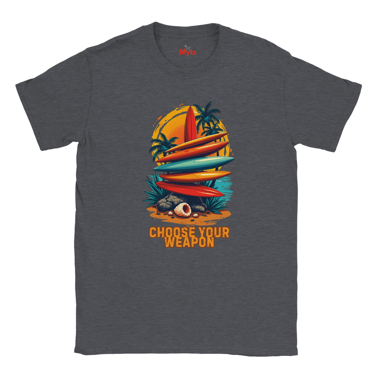 Gray t-shirt with a colorful graphic of surfboards and a sailboat, with text 'Choose Your Weapon' on a white background.
