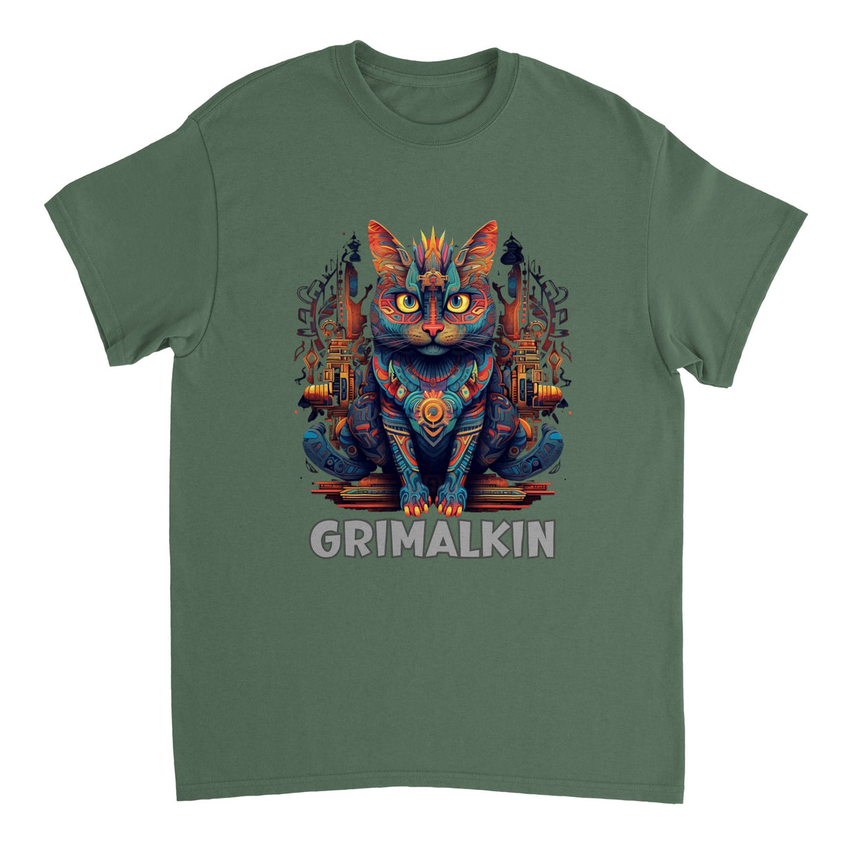 A military green t-shirt featuring a colorful illustration of a grimalkin cat with a fantasy-themed background.