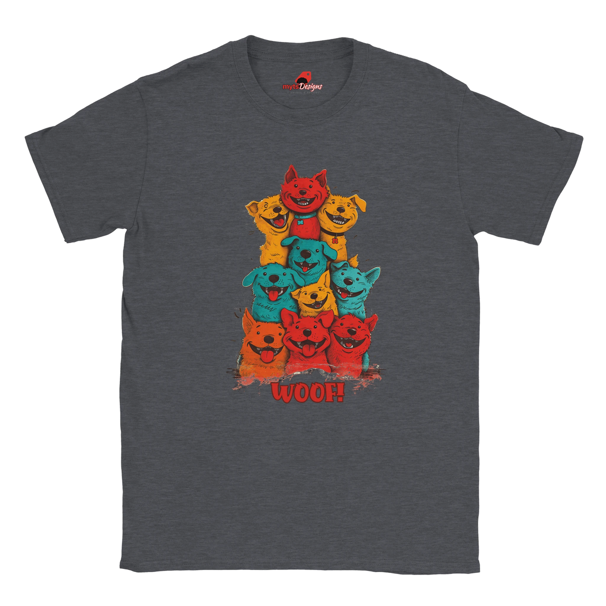A flat lay dark heather T-shirt featuring a vibrant graphic of cartoon puppies stacked in red, orange, blue, and yellow hues, with the playful text “WOOF!” below the design.