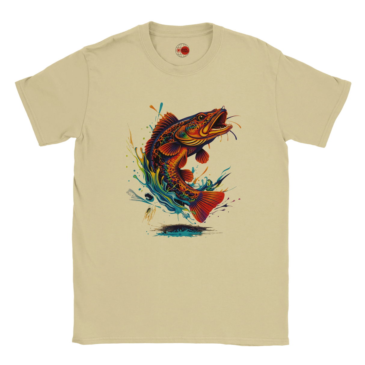 Natural t-shirt with a colorful fish graphic on a white background
