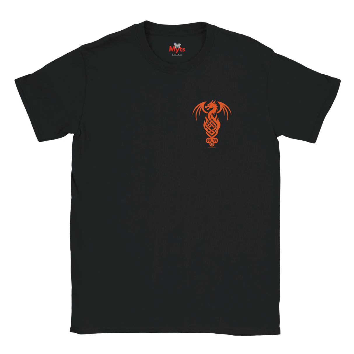 A black short-sleeve crewneck t-shirt featuring a small orange dragon graphic printed on the left chest, displayed against a solid white background.