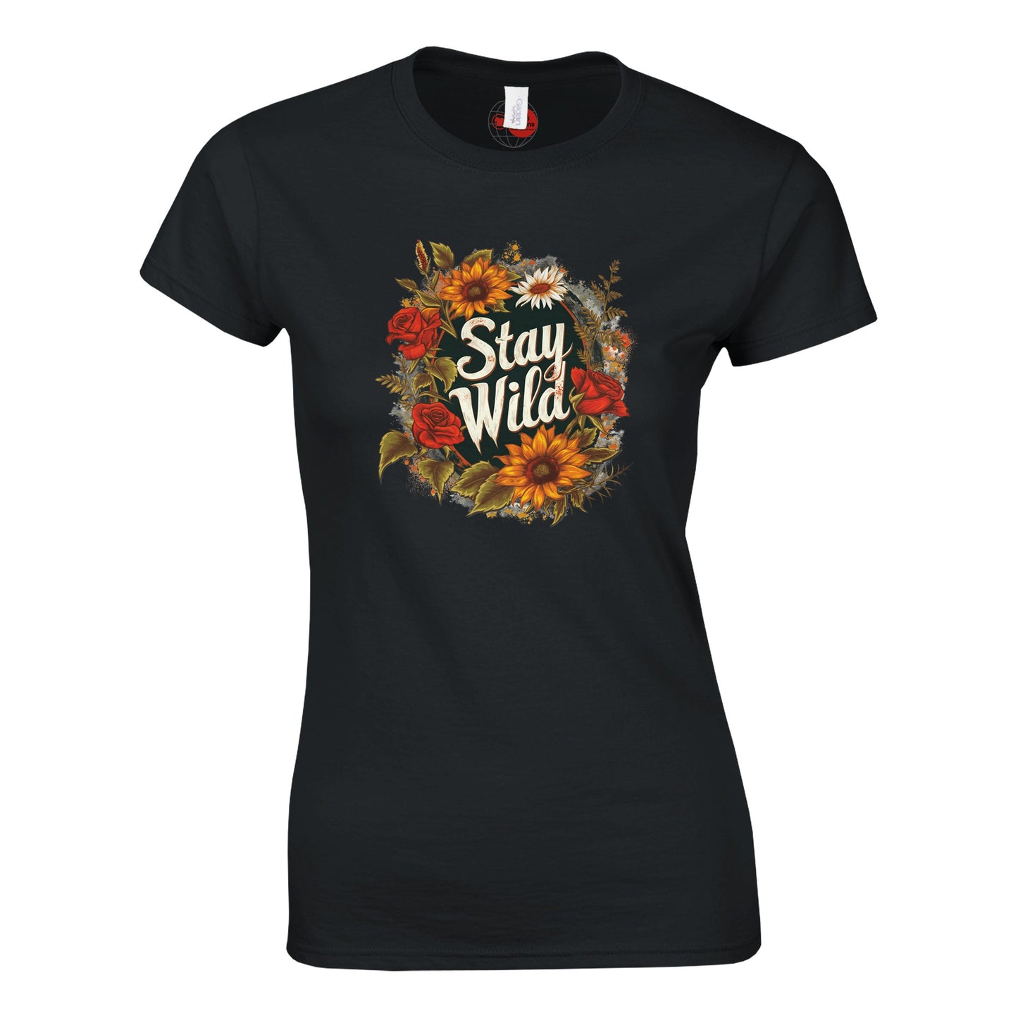 Black t-shirt with floral design and 'Stay Wild' text on a white background