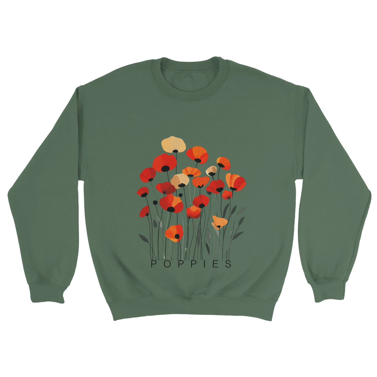 A Military Green sweatshirt featuring a minimalist poppy flower design. The graphic displays red, orange, and muted gold poppies with slender stems and leaves, and the word “POPPiES” printed beneath. The cozy, casual outfit has a soft, modern aesthetic ideal for floral and nature-inspired fashion.