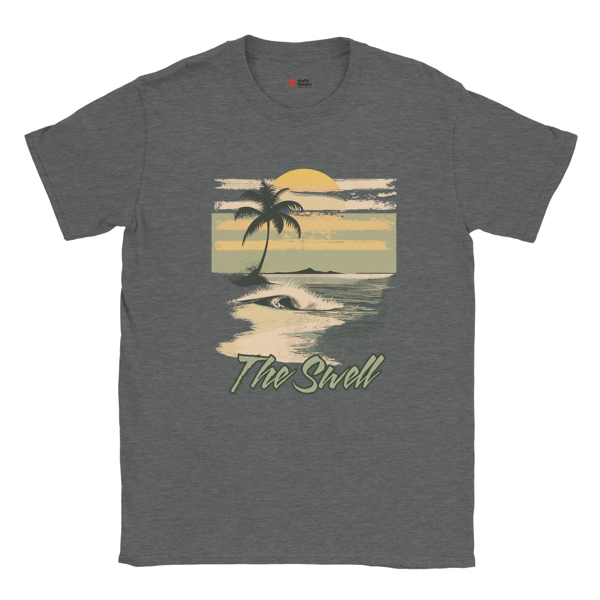 Graphite Heather t-shirt with a tropical graphic design and 'The Swell' text on a white background