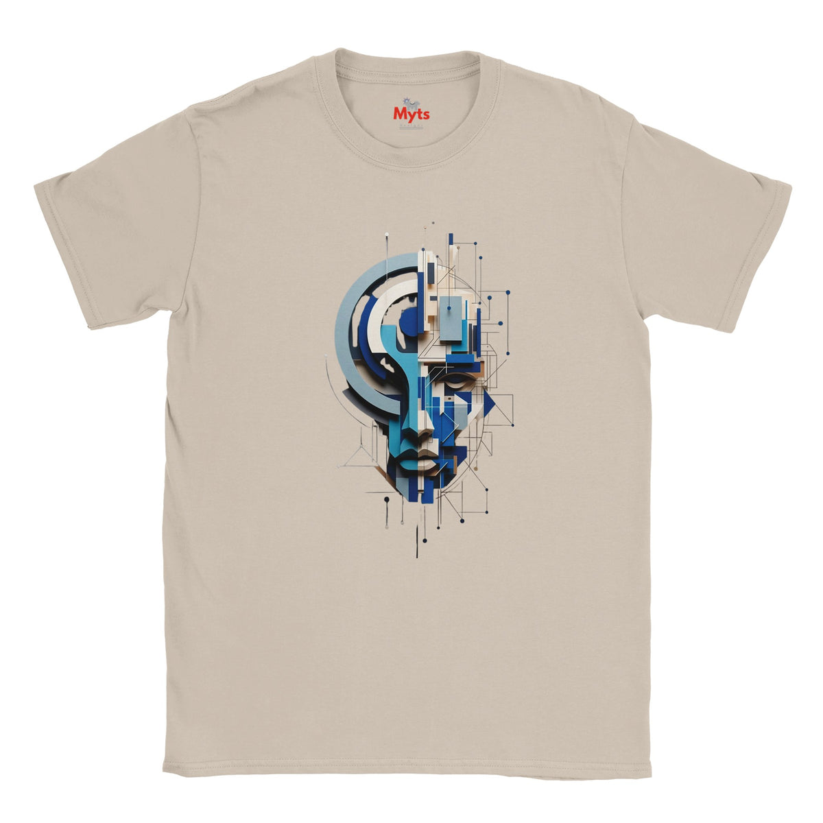 A beige crewneck t-shirt featuring a blue and white geometric graphic of a face on the front, with the red 'Myts' brand logo printed inside the collar.