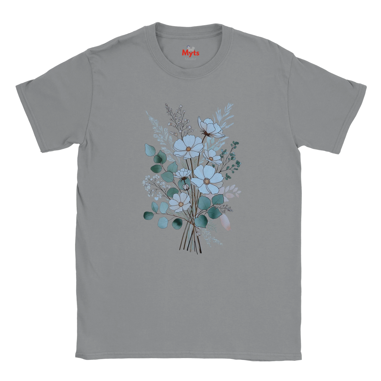 A gray short-sleeve crewneck t-shirt featuring a central graphic of a bouquet with light blue and white flowers, teal-green leaves, and dried botanical stems. The brand name 'Mits' is printed in red inside the collar.