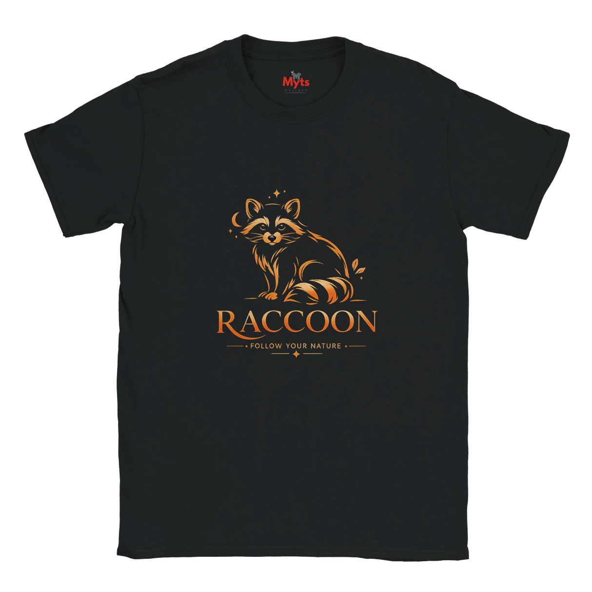A black short-sleeve crewneck t-shirt featuring a stylized orange raccoon graphic above the word 'RACCOON' and the phrase 'FOLLOW YOUR NATURE'. The inner neck label shows the brand 'Myths'.