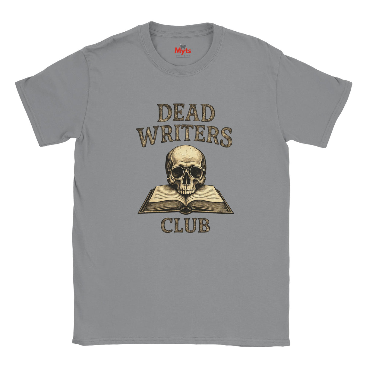 Sports Gray t-shirt with 'Dead Writers Club' graphic featuring a skull and book on a white background