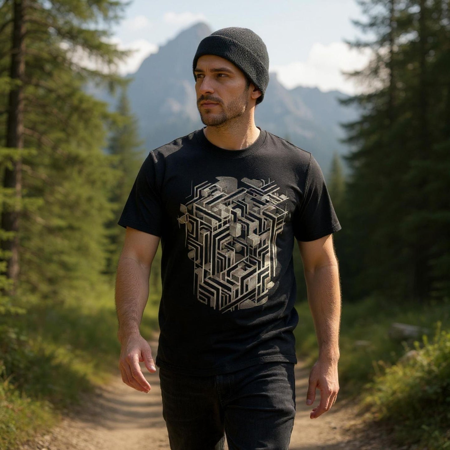 Man wearing a black t-shirt with geometric design in a forest setting