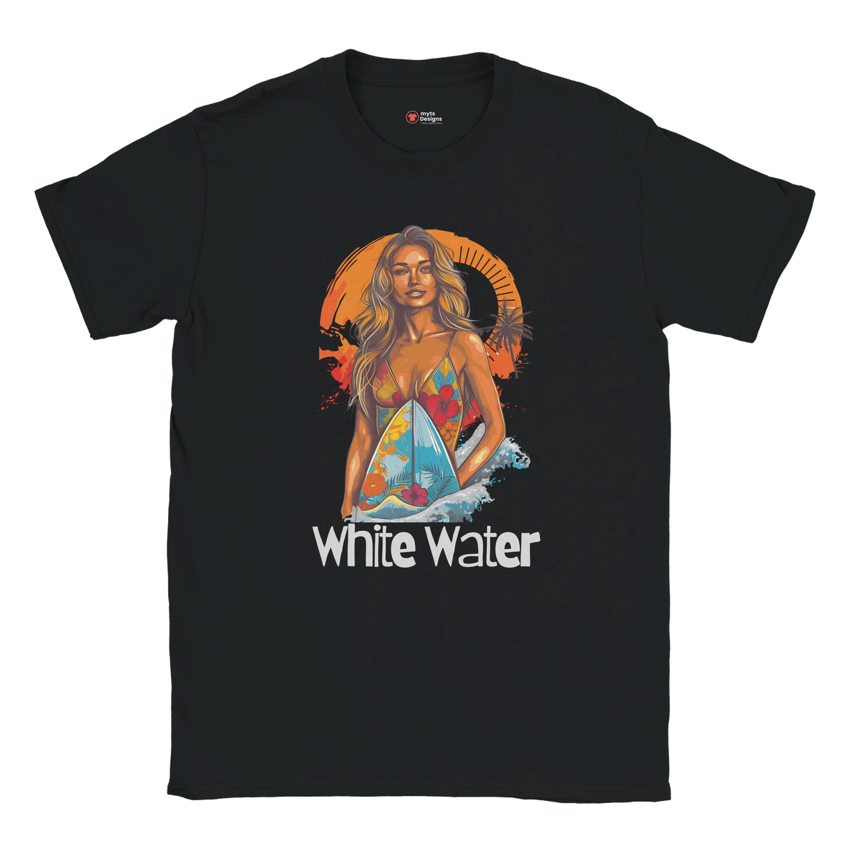 Black t-shirt with a graphic of a woman on a surfboard and 'White Water' text.