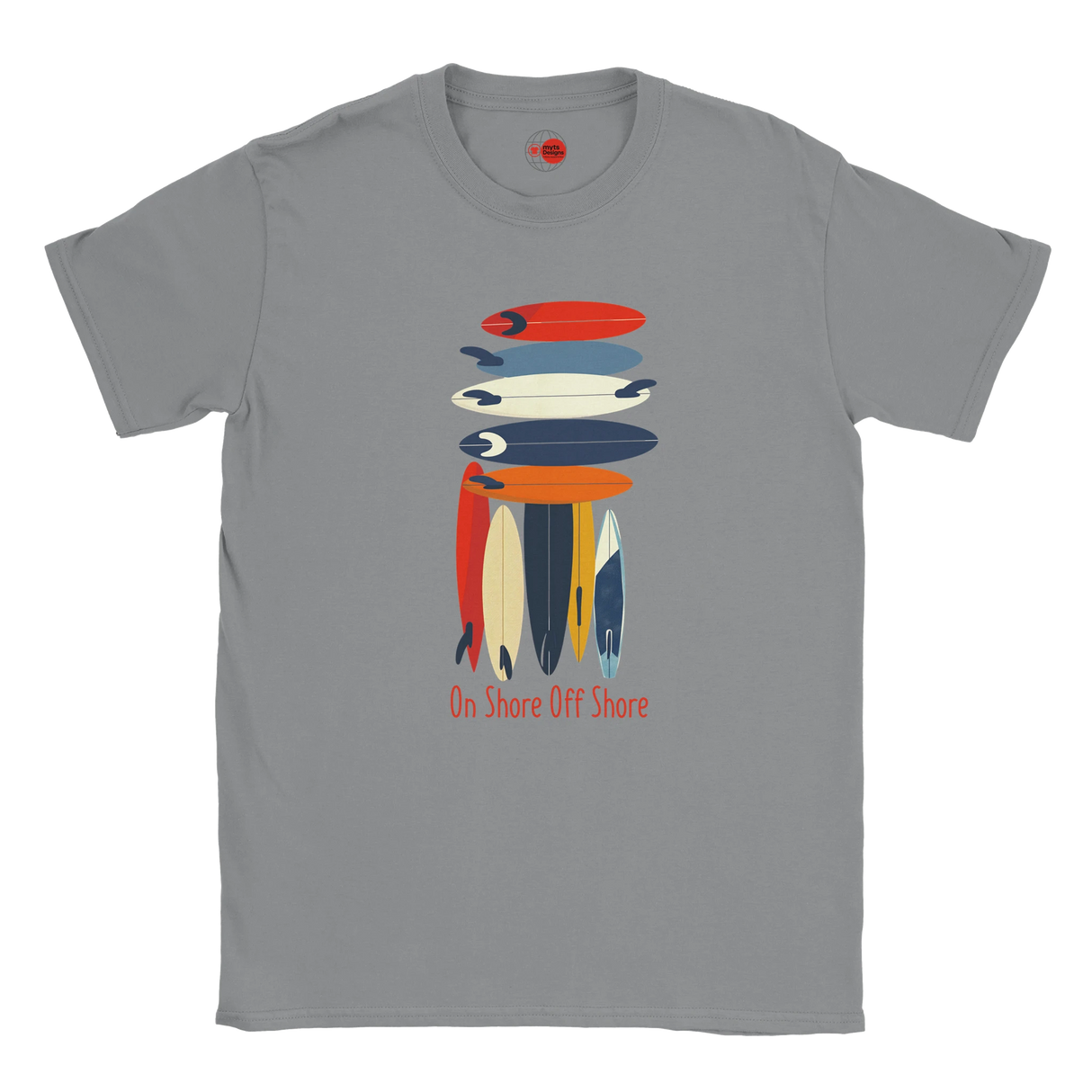 Gray t-shirt with colorful surfboard graphic and text on a white background