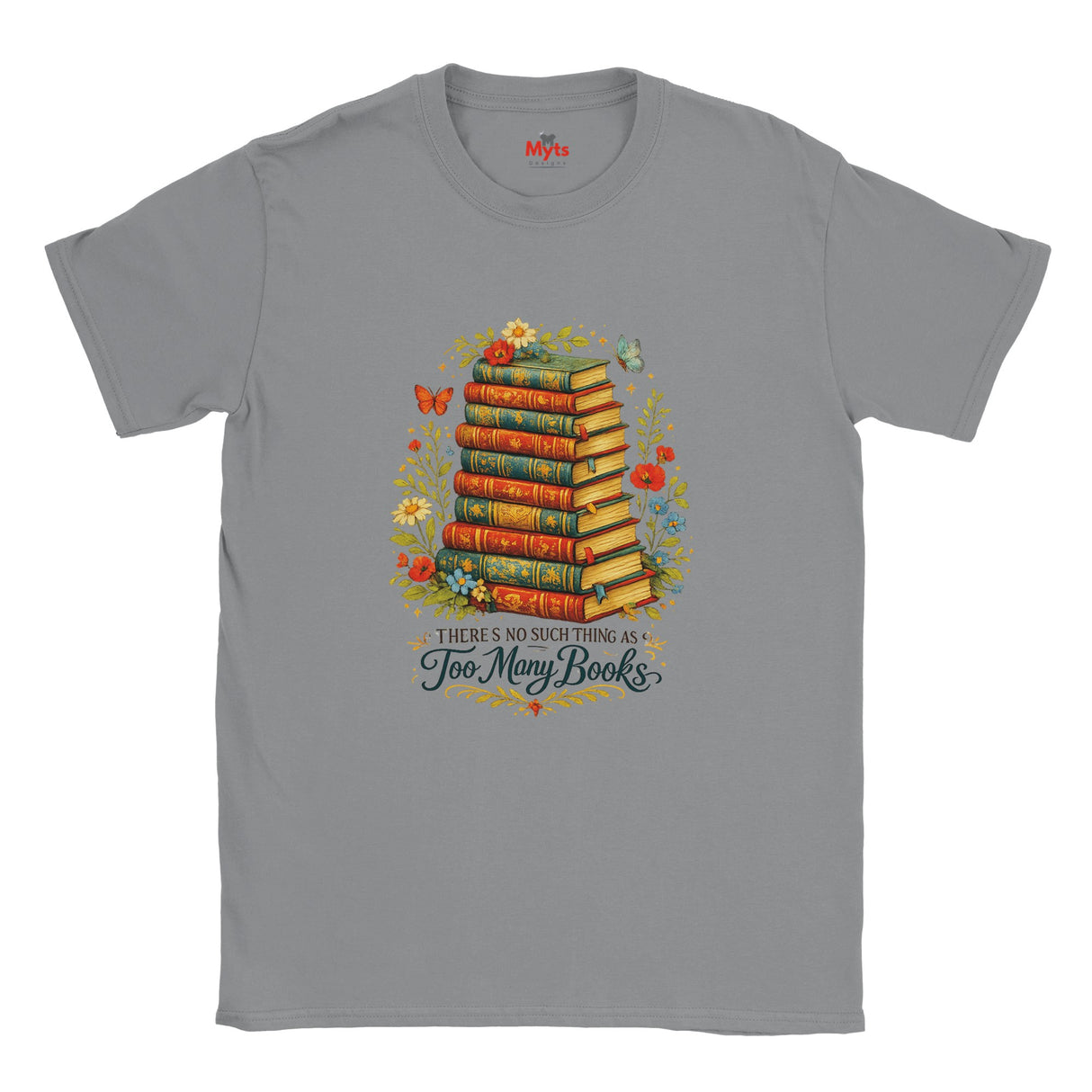 Gray t-shirt with a graphic of books and flowers on a white background