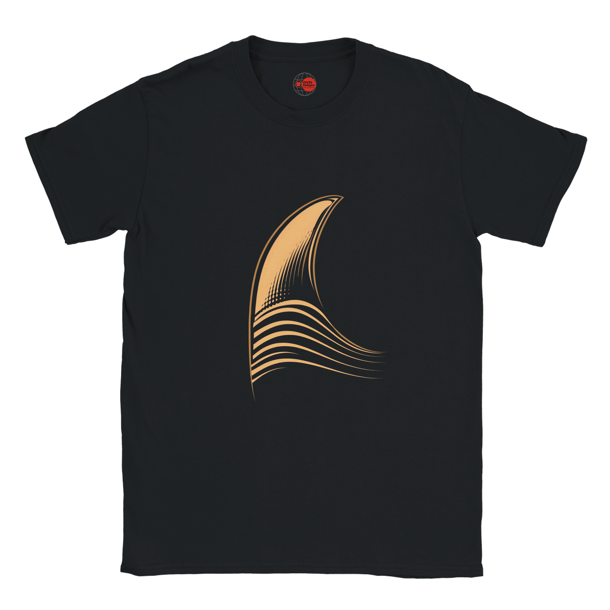 Black t-shirt with a gold abstract design on a white background