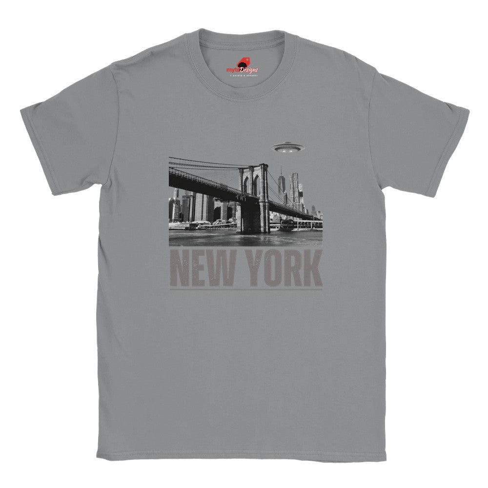 Sports Grey soft casual tee showing the New York City skyline with a stylized spaceship graphic soaring above, printed on ultra-soft Gildan 64000 cotton.