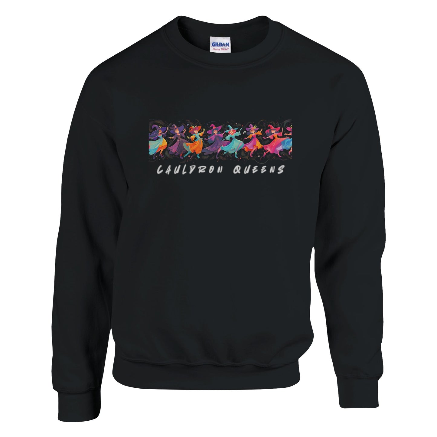 Black sweatshirt with colorful graphic and text on a white background