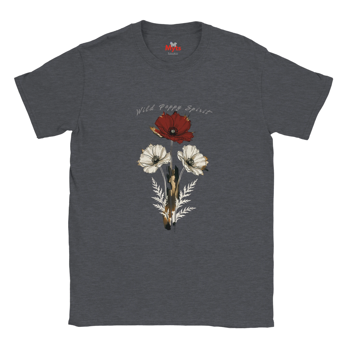 A dark heather gray t-shirt featuring a vintage-style botanical illustration of three wildflowers (one red, two white) with the text 'Wild Flower Spirit' printed above them.