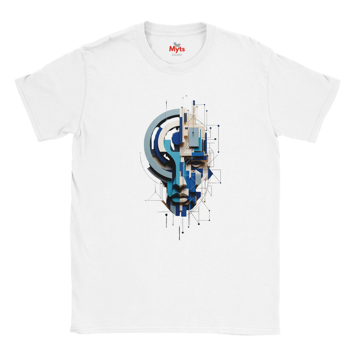 A white short-sleeve crewneck t-shirt featuring a central graphic print of a stylized face in blue, gray, and black geometric patterns. The inner collar shows the red and white 'Myts' brand logo.