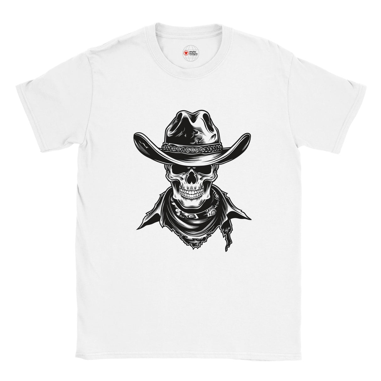 White t-shirt with a black and white graphic of a skull wearing a cowboy hat on a white background