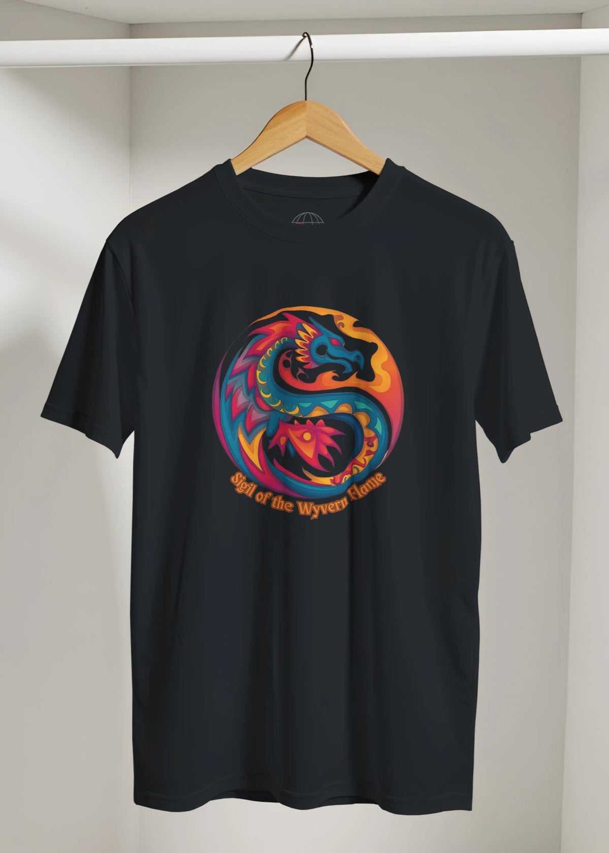 Front view of a black T‑shirt on a coat hanger featuring a bold dragon symbol graphic centered on a soft cotton tee