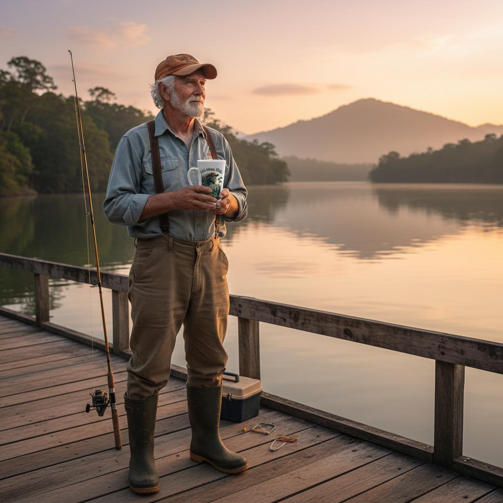 An older man stands on a wooden dock by a calm lake at sunset, holding a fishing rod and a cooler bag. Trees and a mountain are visible in the background.