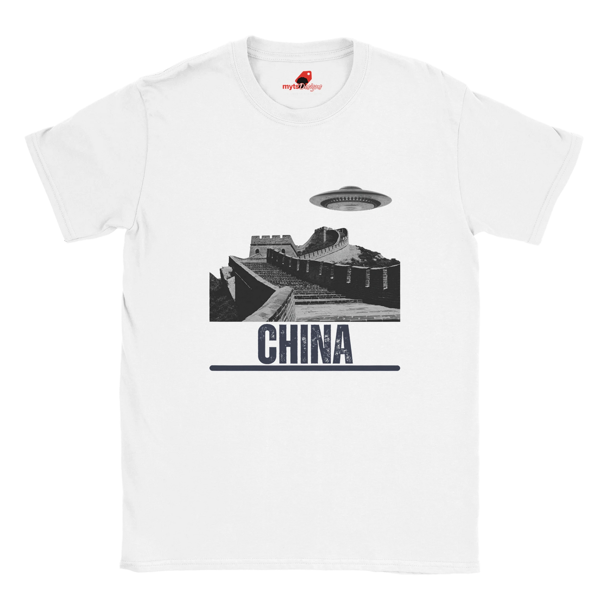“White T-shirt with a vintage black-and-white Great Wall of China illustration and a UFO hovering above it, labeled ‘CHINA,’ designed by MytsDesigns.com”