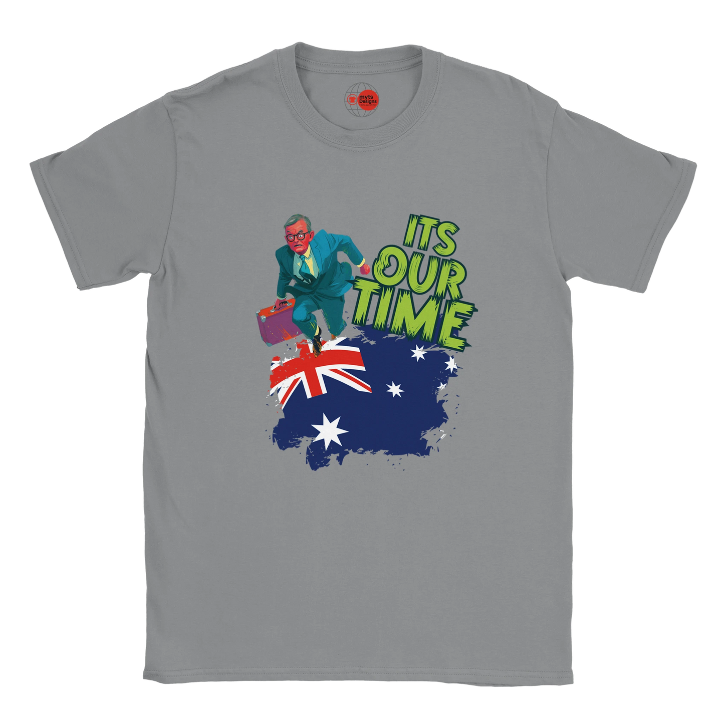 Gray t-shirt with a graphic of a person on an Australian flag and 'It's Our Time' text.