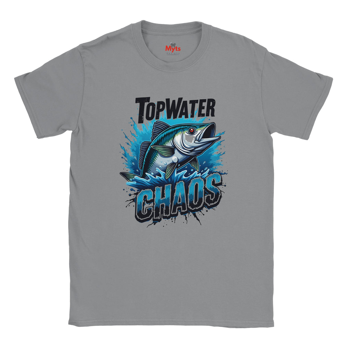 Gray t-shirt with a fish graphic and text on a white background