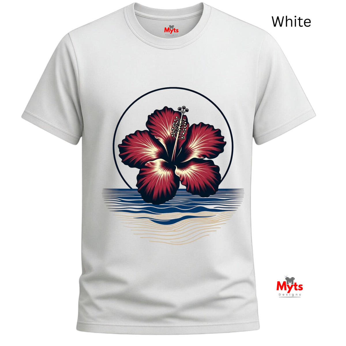 White tropical hibiscus flower graphic T-shirt featuring a vibrant red bloom, navy circular outline and stylised blue and sandy-gold ocean waves.