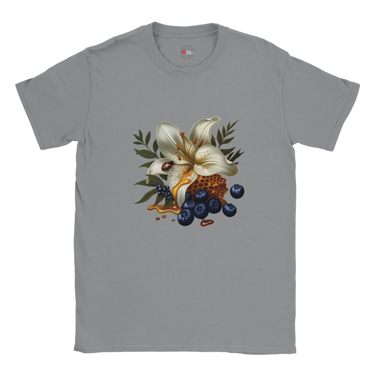 Gray t-shirt with a floral and berry design on a white background