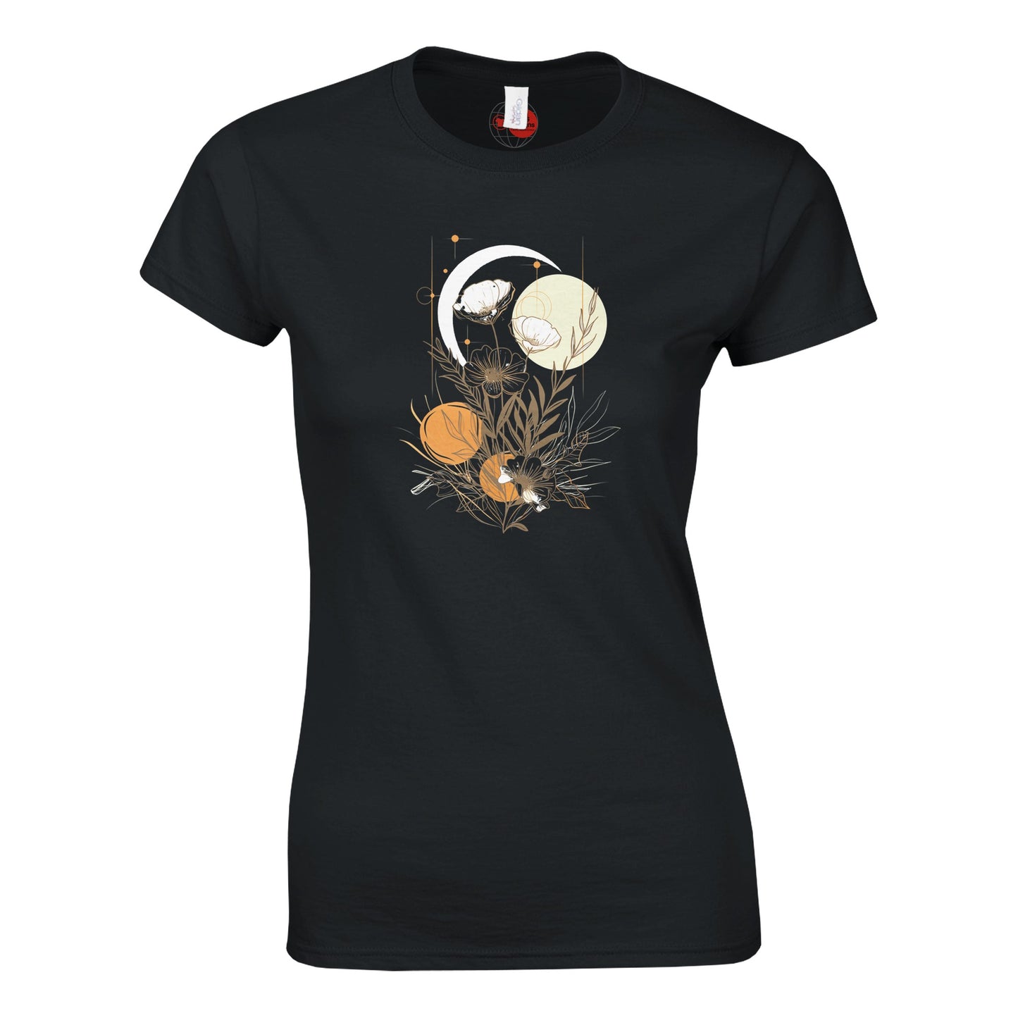 Black t-shirt with a moon and star design on a white background