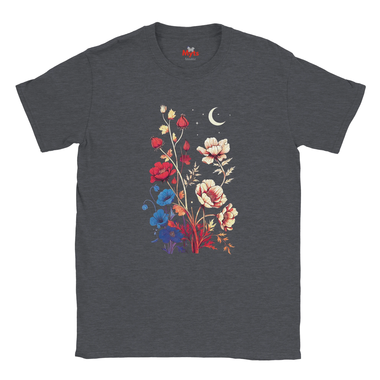 A dark heather gray t-shirt with a colorful graphic print of red, blue, and cream flowers under a crescent moon, shown on a plain white background.