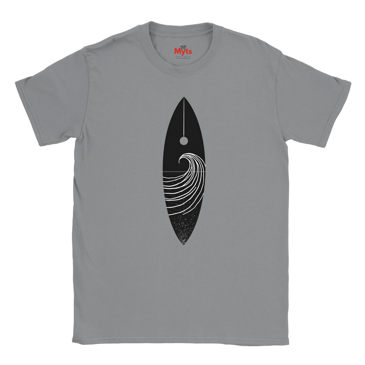 Gray t-shirt with a black and white graphic design on a white background