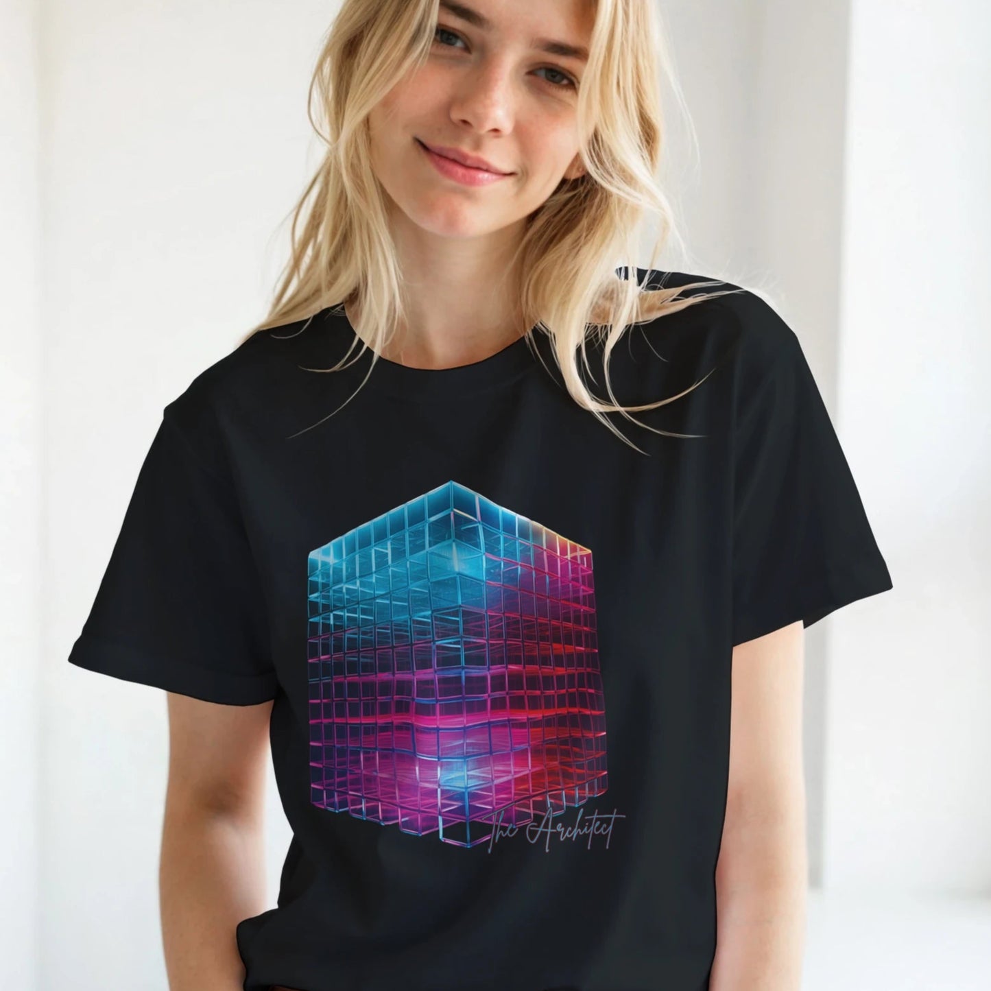 Person wearing a black t-shirt with a colorful geometric design on a plain background