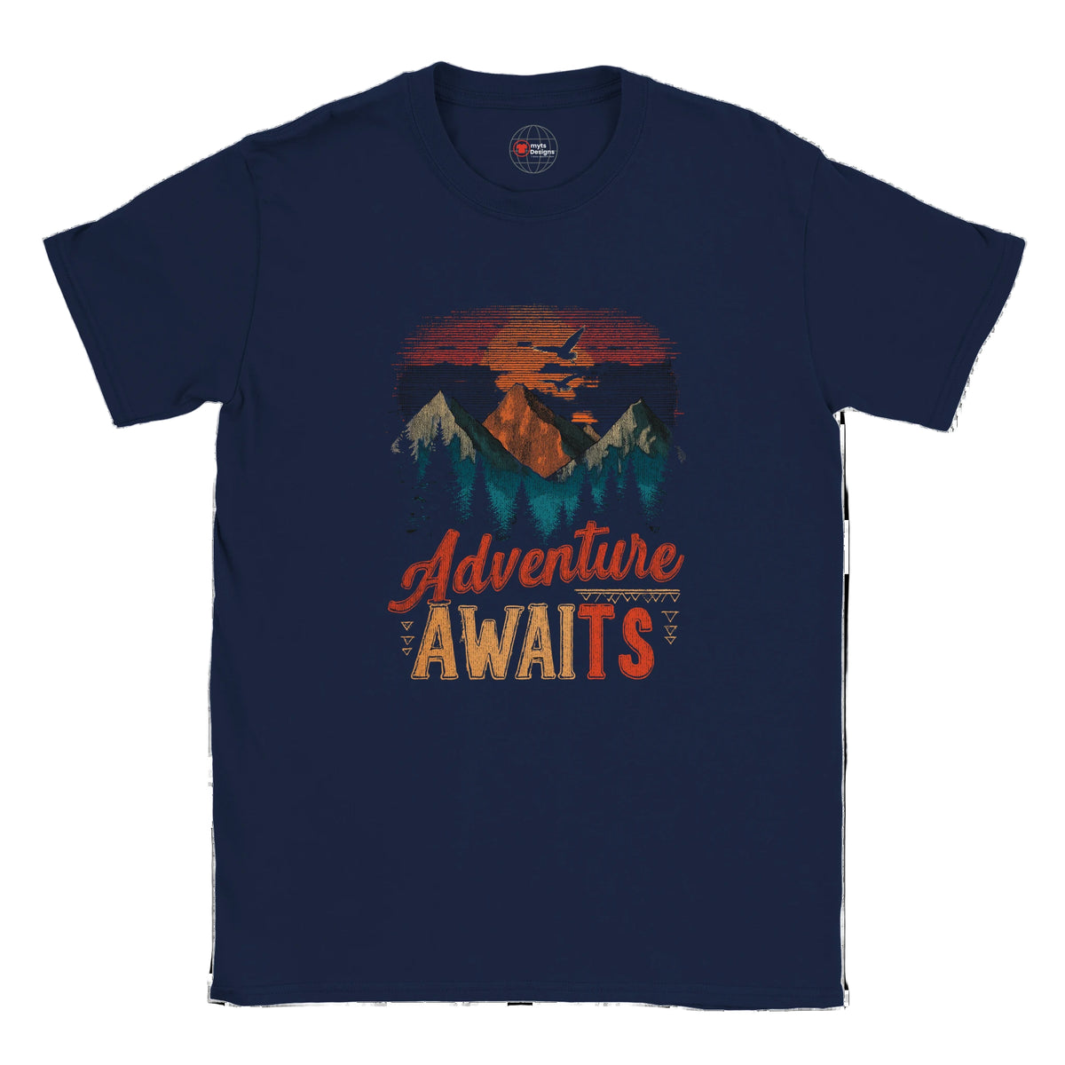 Navy blue t-shirt with 'Adventure Awaits' graphic on a white background