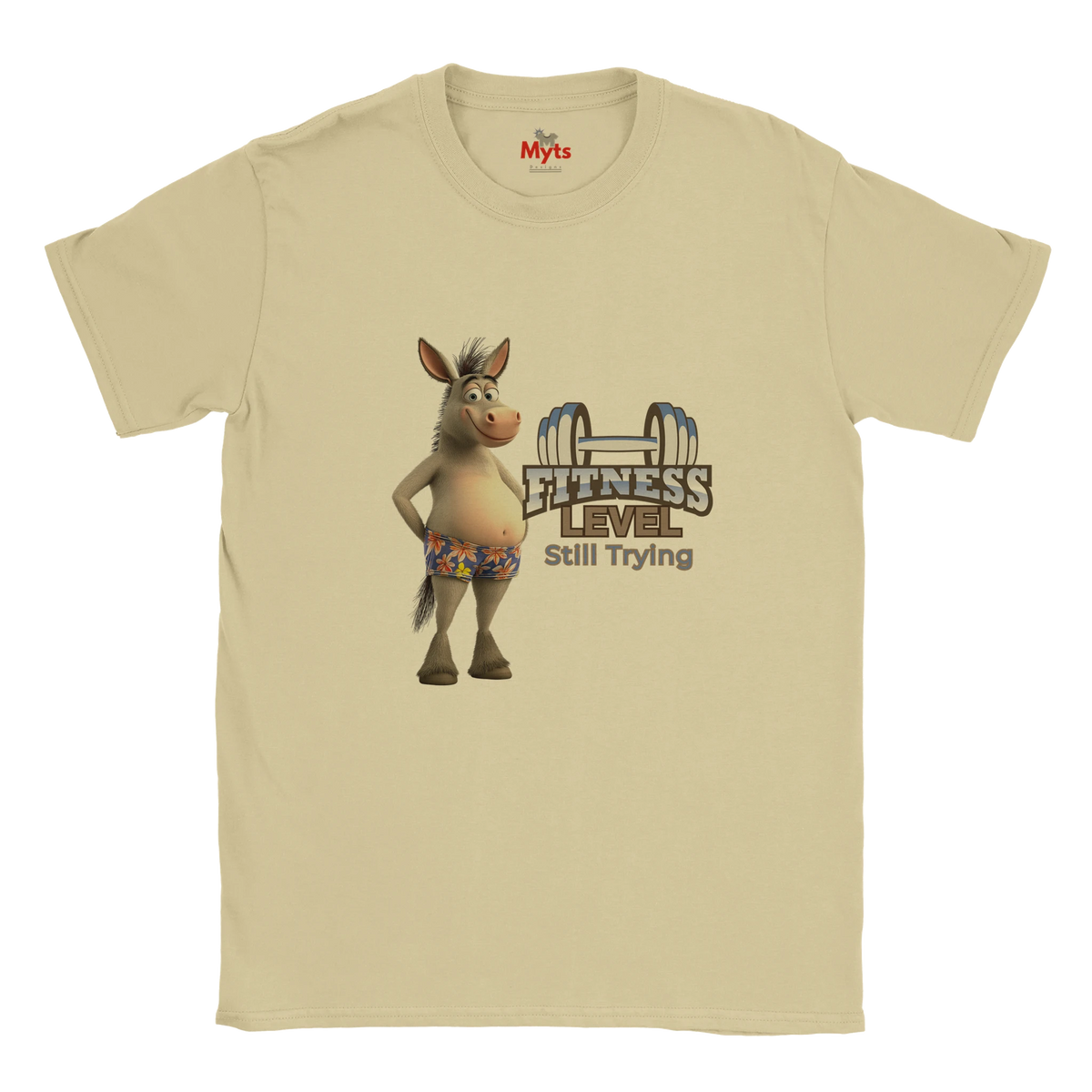 Natural cream graphic T-shirt featuring a humorous cartoon donkey and Fitness Level Still Trying dumbbell design.