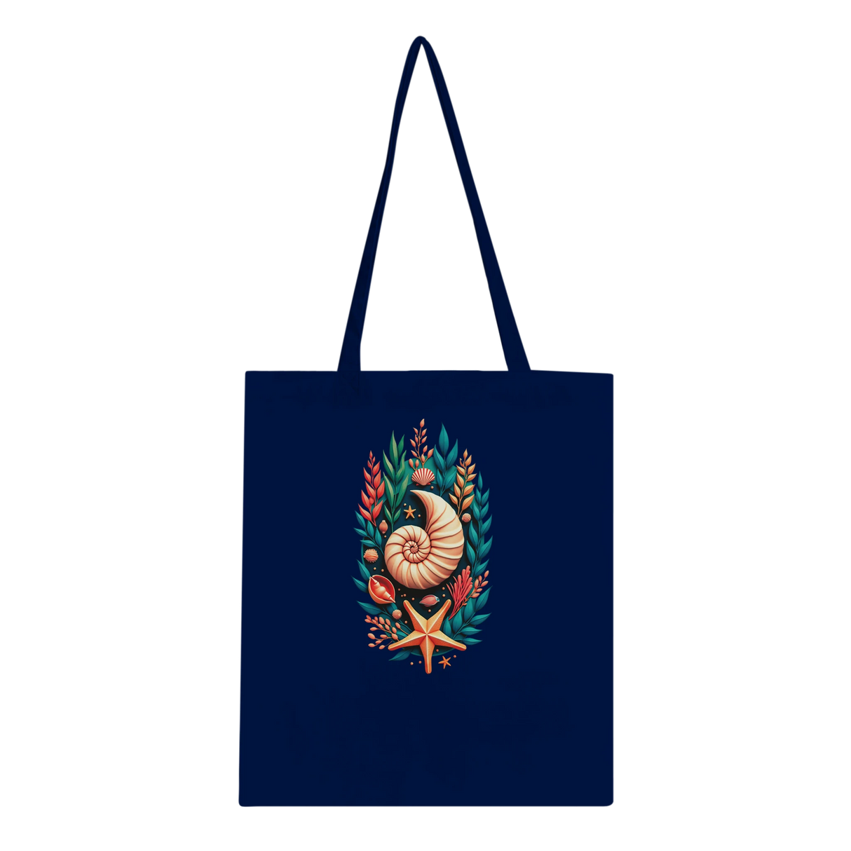 A navy blue canvas tote bag with long shoulder straps, featuring a central graphic print of a nautilus shell, starfish, and botanical elements in orange, teal, and cream, set against a plain white background.