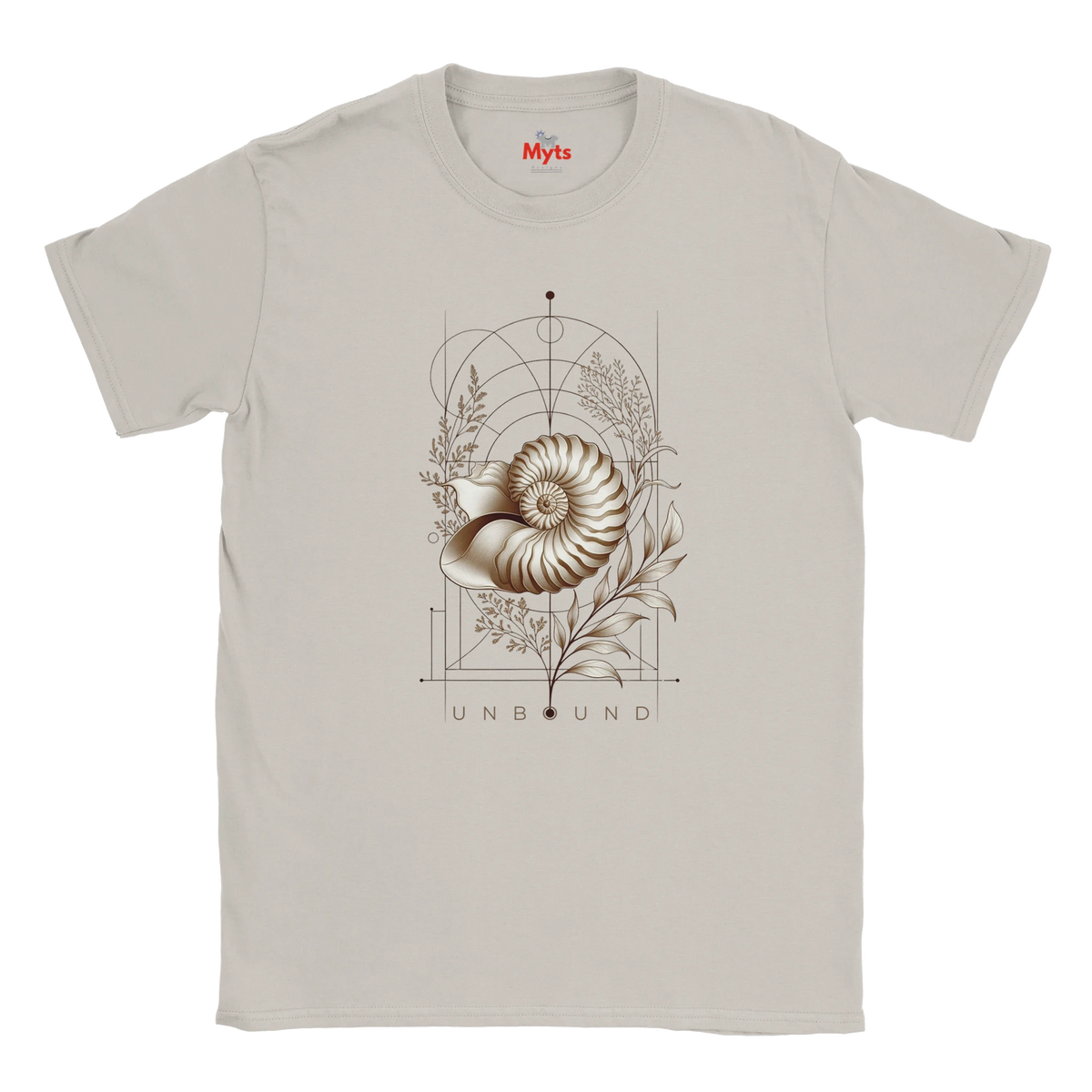 “Front view of a light neutral Unbound Nautilus T-shirt with seashell, botanical and geometric artwork.”