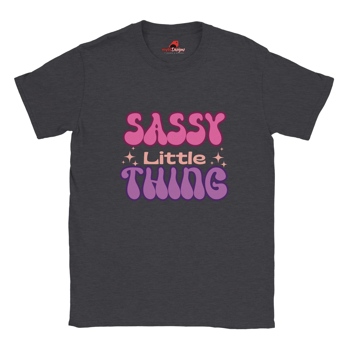 Front view of “Sassy Little Thing” T-shirt with groovy 70s-style typography on black cotton tee