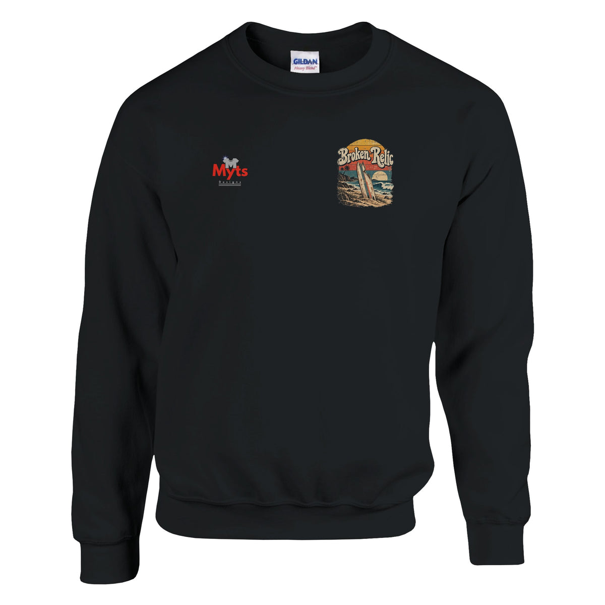 Broken Relic black unisex crewneck sweatshirt with small front surf graphic and large vintage surfboard beach design on back