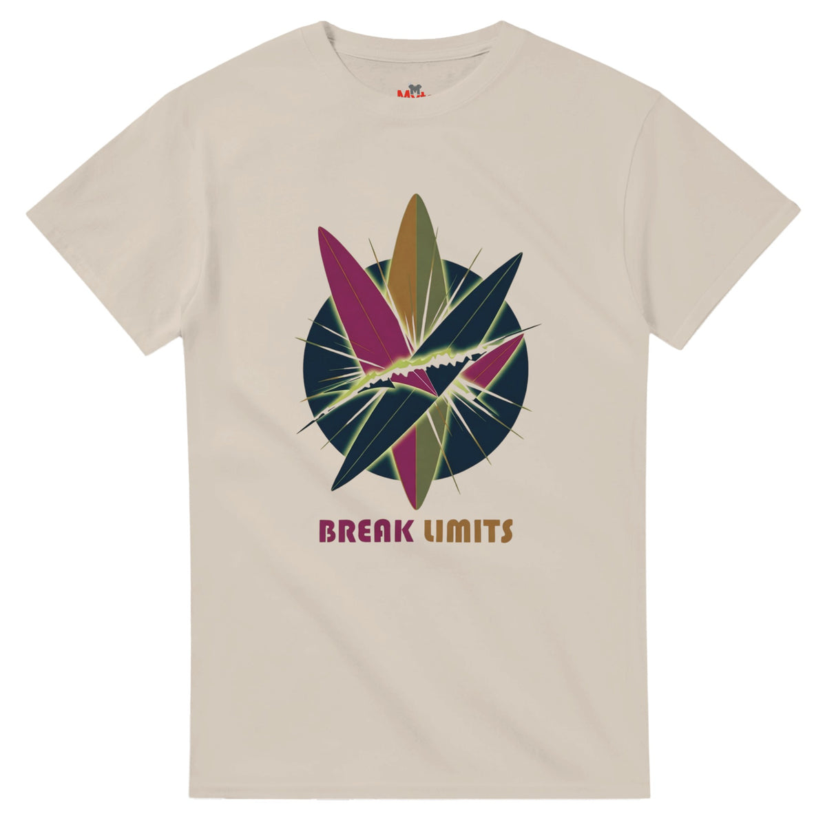 Sand t-shirt with a colorful graphic design and 'Break Limits' text on a white background
