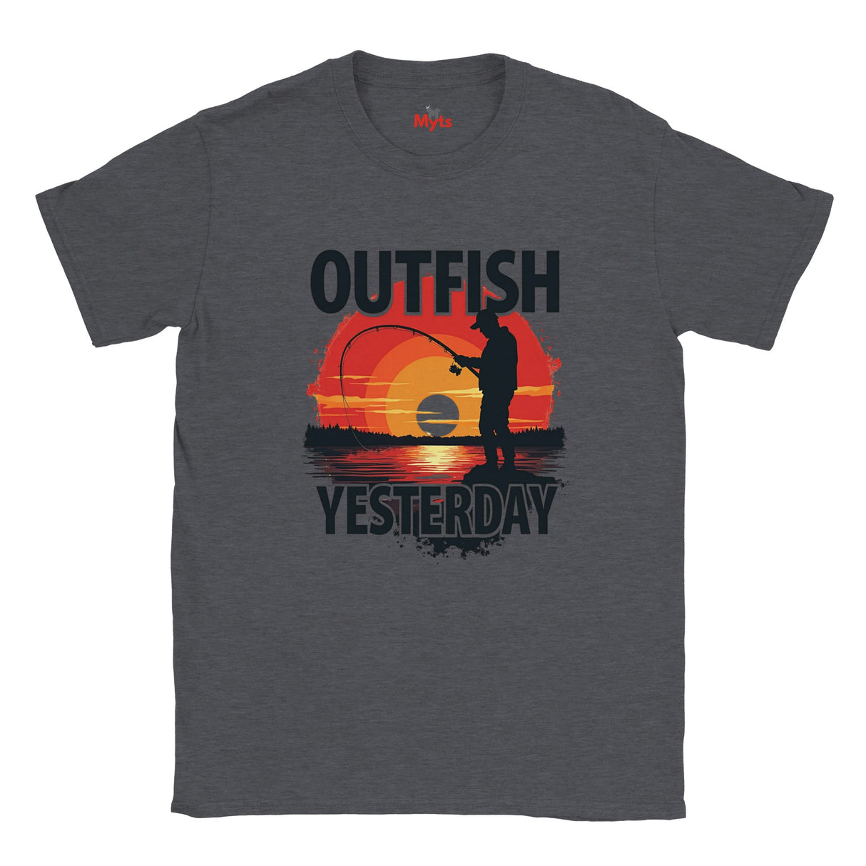 Dark Heather t-shirt with a fishing graphic and 'Outfish Yesterday' text on a white background