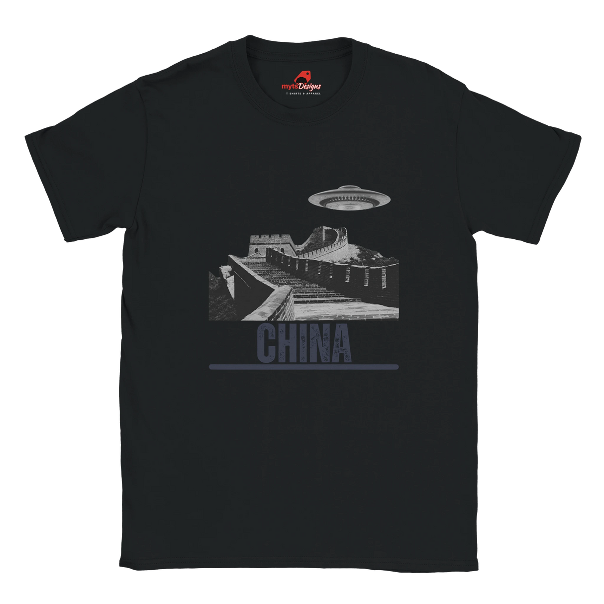 “Black T-shirt with a vintage black-and-white Great Wall of China illustration and a UFO hovering above it, labeled ‘CHINA,’ designed by MytsDesigns.com”