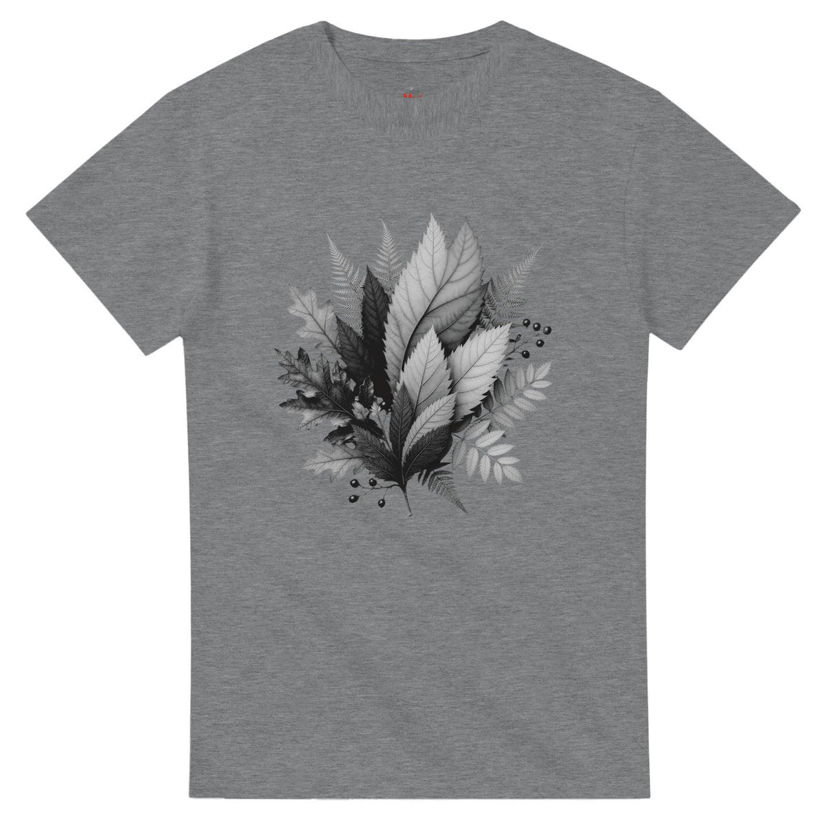 Gray t-shirt with black and white leaf design on a white background
