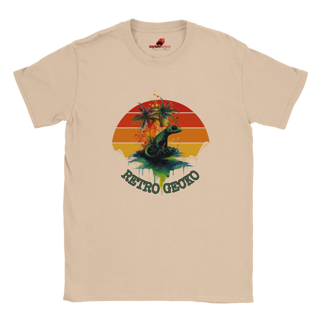 Retro gecko t-shirt with vintage sunset design and tropical lizard graphic on a Natural cotton tee
