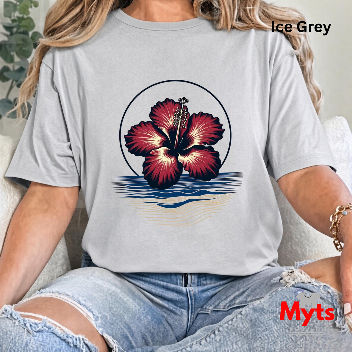 Ice Grey tropical hibiscus flower graphic T-shirt featuring a vibrant red bloom, navy circular outline and stylised blue and sandy-gold ocean waves.