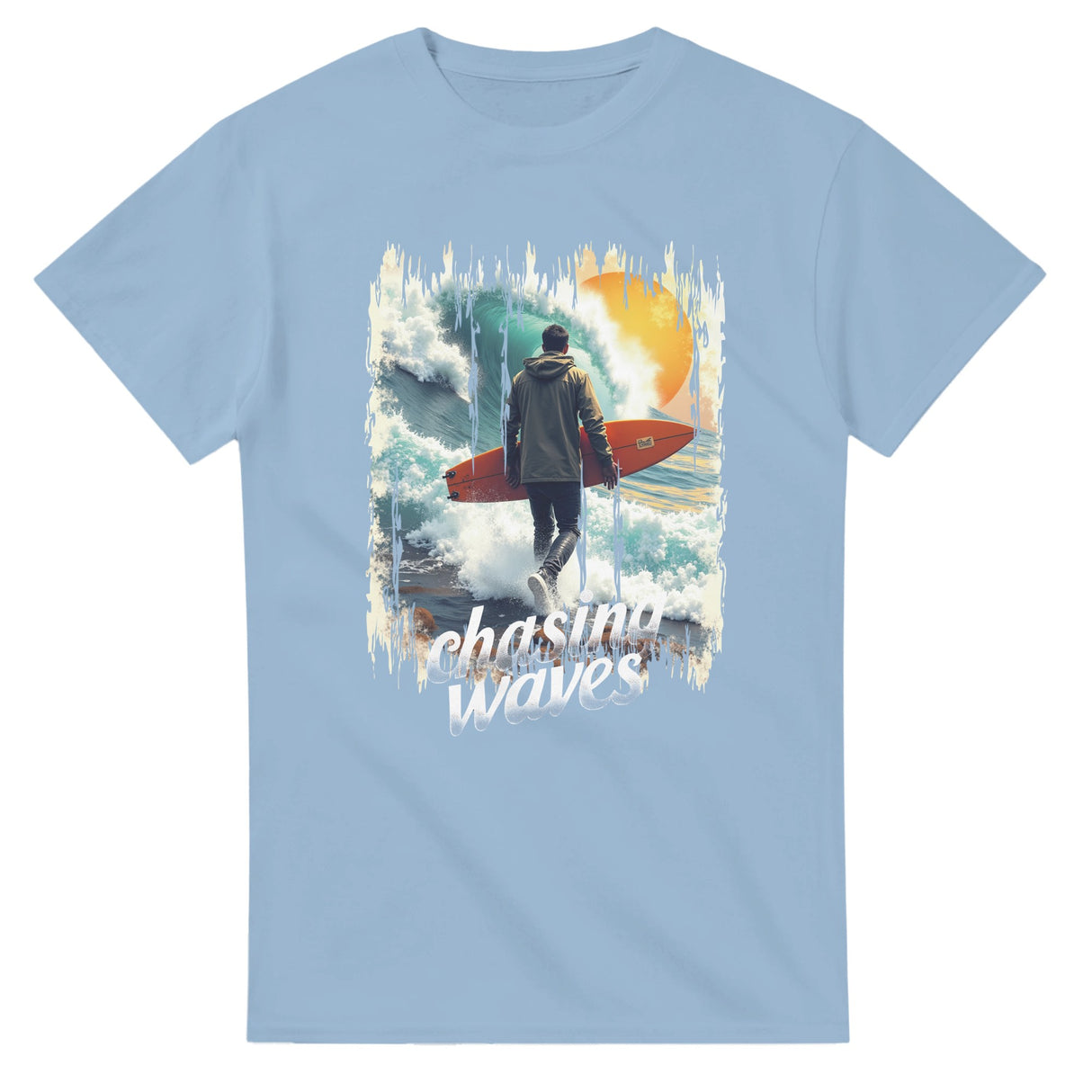 Light blue t-shirt with a graphic of a person holding a surfboard and text 'Chasing Waves' on a white background.
