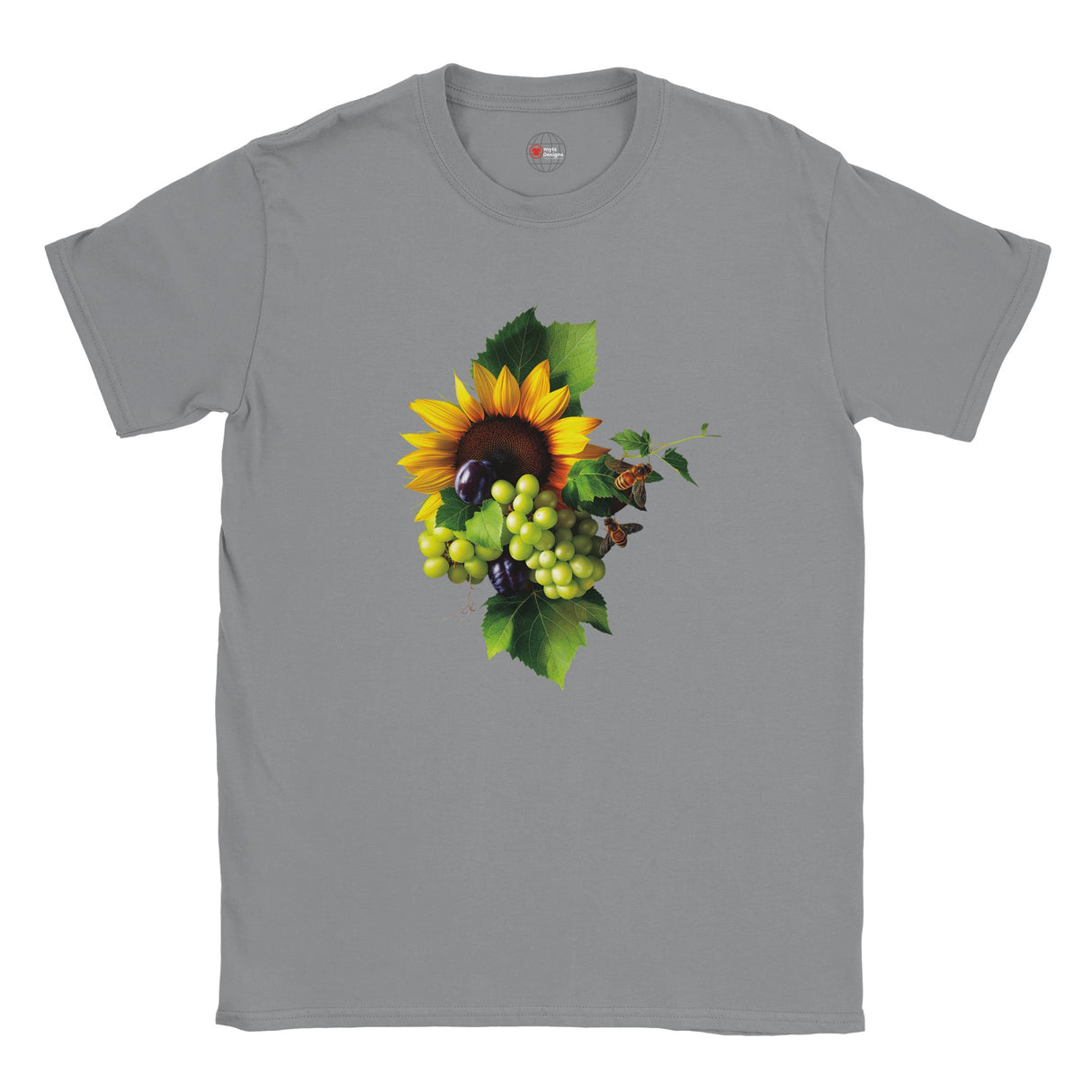 Gray t-shirt with a sunflower and fruit design on a white background