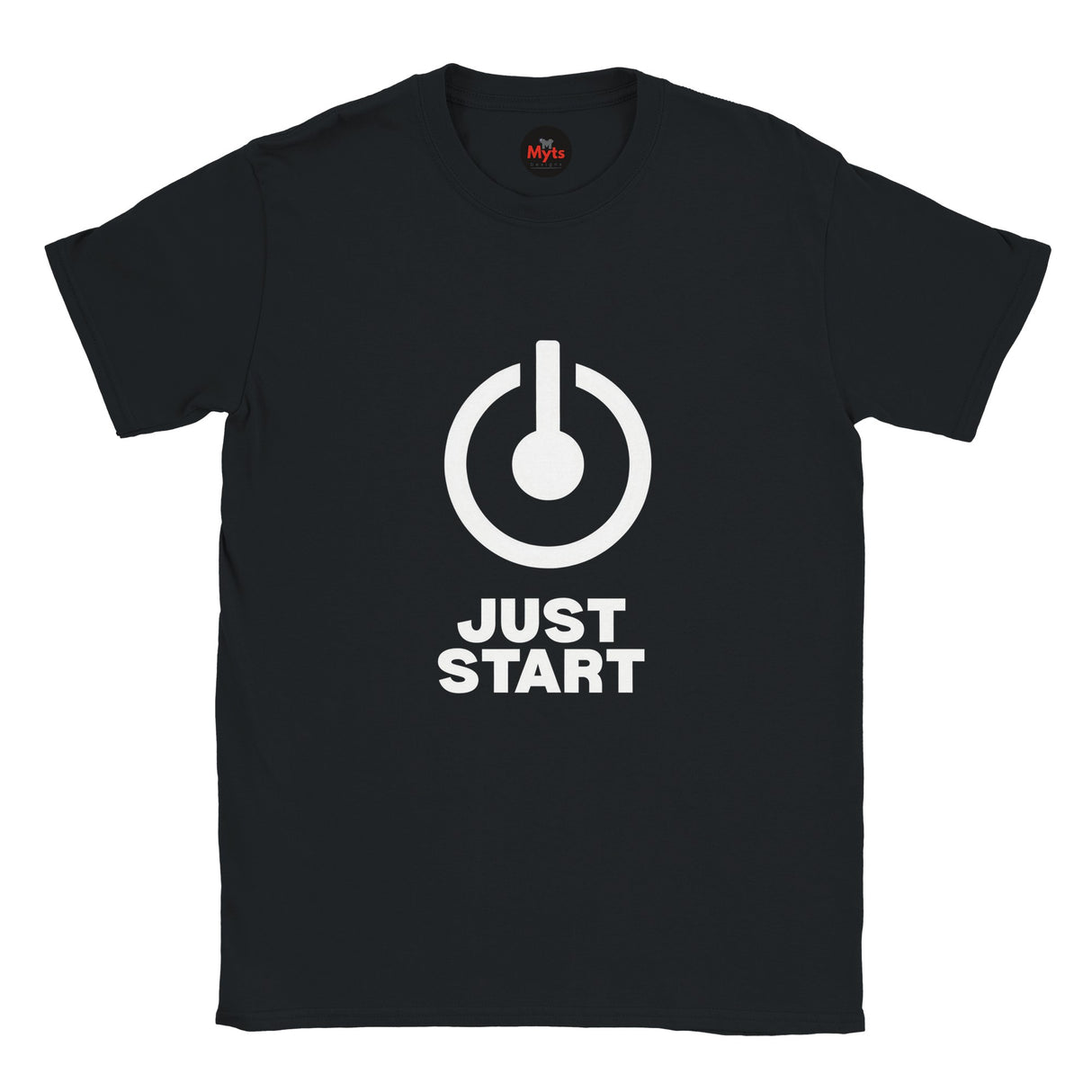 Minimalist Just Start motivational T-shirt with bold power button graphic on a black unisex tee