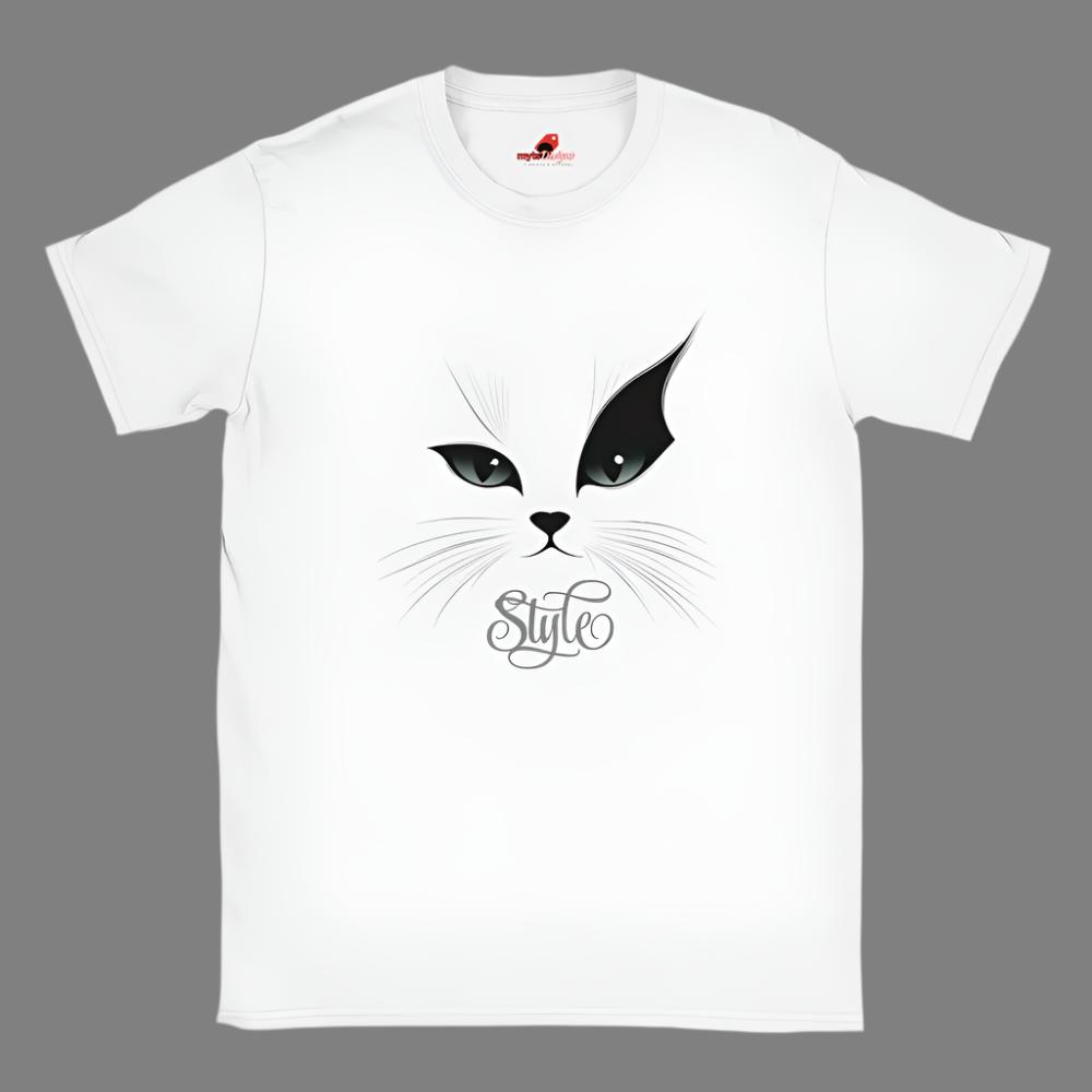 Minimalist cat face t-shirt front view stylized design