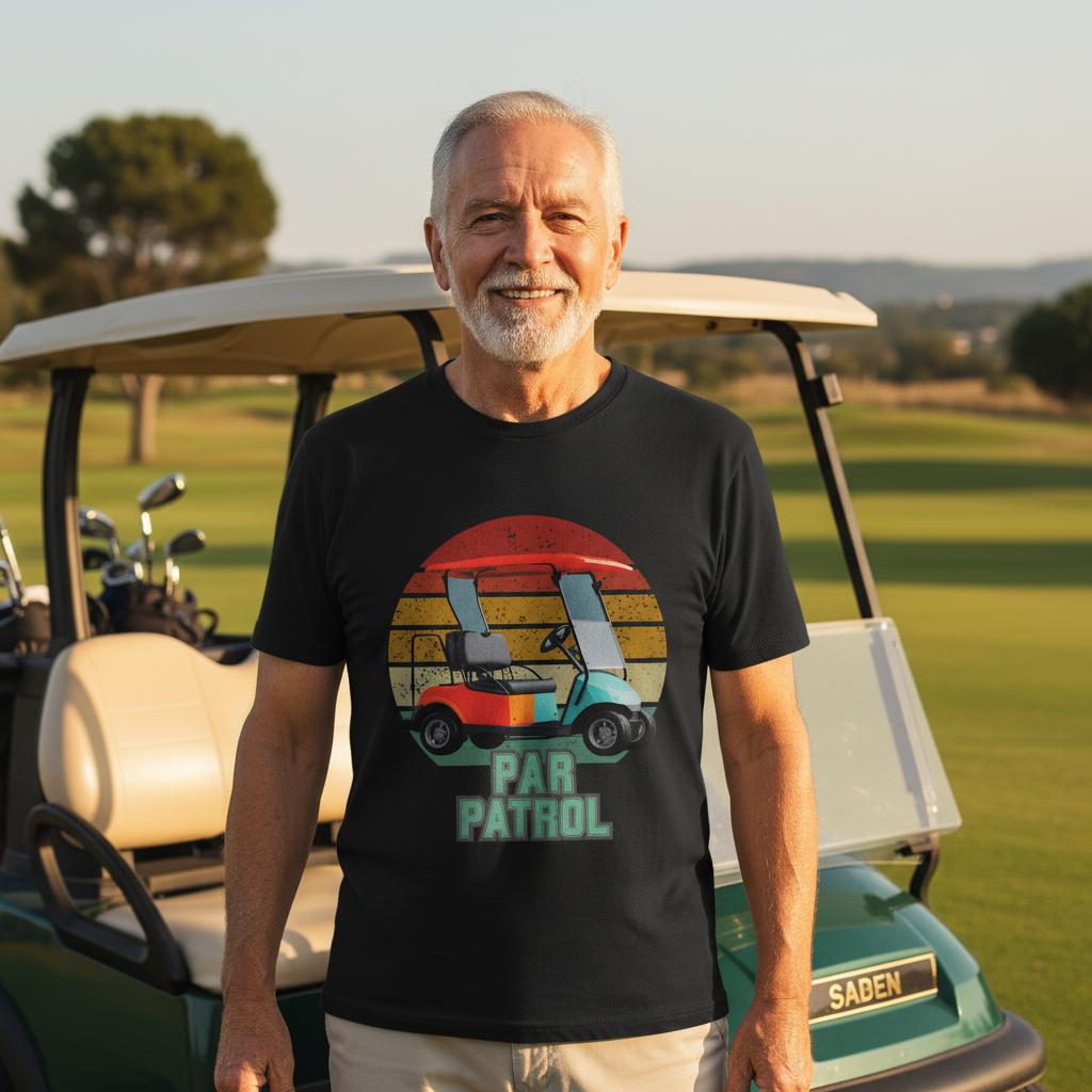 Man wearing a 'Par Patrol' t-shirt standing in front of a golf cart on a golf course.